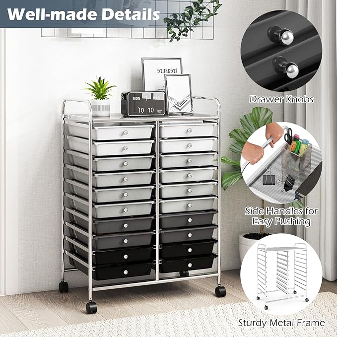 Happygrill 20-Drawer Organizer Cart Tools, Mobile Utility Storage Cart with Removable Drawers & Lockable Wheels, Rolling Storage Cart with wheels for Home Office School (Gradient Grey)