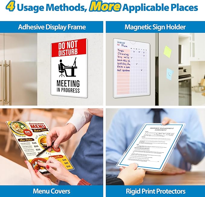 10 Pack Magnetic Sign Holder 8.5 x 11 - Plastic Wall Sign Holder with Magnet and Adhesive Tape - Magnetic Display Frame - Adhesive Plastic Frame Rigid Print Protectors Document Poster Holders