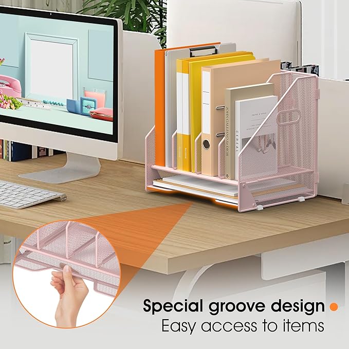 OrgMate Desk File Folder Holder Organizer-4 Vertical Compartments Racks and Paper Letter Tray,Mesh Magazine File Holder Sorter,Desktop Accessories & Workspace Organizers for Home,Office,School-Pink