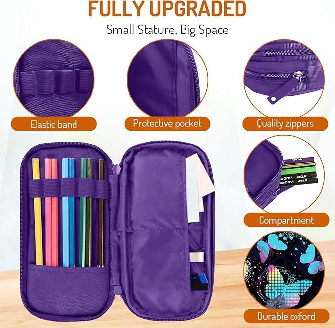 Cute Pencil Case for Girls, Large Girls Pencil Pouch for School Supplies, Portable Butterfly Pen Bag, Aesthetic Pen Box with Zipper, 2 Compartments Stationary Organizer for Kids Teens Students Adults