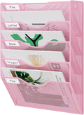 EasyPAG 5 Pocket Mesh Wall File Organizer, Hanging Paper Folder Holder with Classify Label, Vertical Wall Mount Mail Organizer for Office Home Classroom, Pink