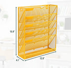 EASEPRES 6 Tier Mesh Hanging Wall File Organizer, Desk Vertical Mail Paper Document Folder Holder Rack with Bottom Tray and Nametag Label for Office Home School, Yellow