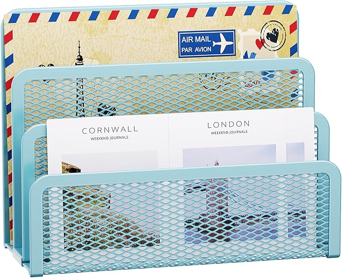 Marbrasse Mail Organizer for Desk, 3-Slot Mesh Metal Mail Holder countertop, Letter Holder, Office Desktop Envelope and Document Storage Rack (Blue)
