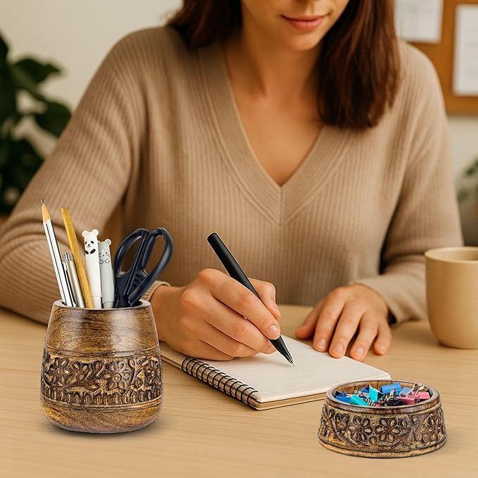 Mie Creations Wooden Desk Organizer Set of 2 Pen Holder, Paper Clip Storage, Office Desktop Table Decor, Floral Rustic Wood Pencil Cup & Paperclips Dispenser, Aesthetic Desk Accessories For Women, Men