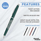 DISCOUNT PROMOS Custom Langham Ballpoint Pens Set of 100, Personalized Bulk Pack - Black Ink, Great for Office, School, Business, Tradeshows - Hunter Green