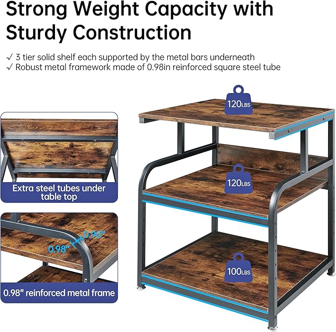 Fannova 23.6" Deep Extra Large Printer Stand, 3 Tier Printer Table with Adjustable Storage Shelf, Rolling Printer Cart with Industrial Wheels for Home Office, Rustic Brown