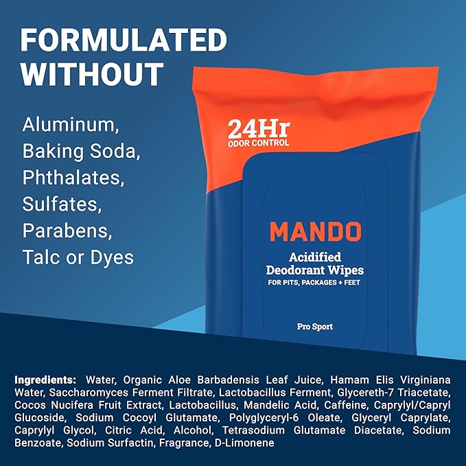 Mando Deodorant Wipes - 24 Hour Odor Control - Aluminum Free, Baking Soda Free, Skin Safe (15 Count (Pack of 3)