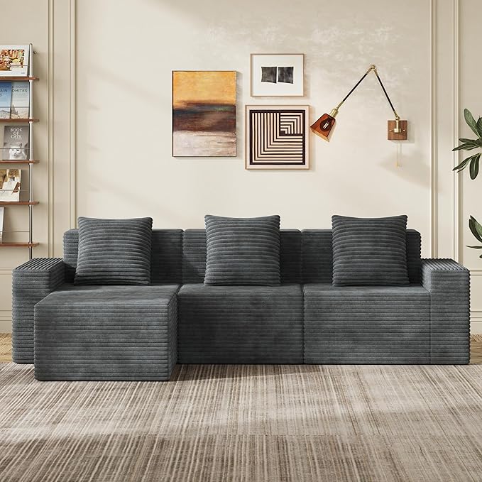 WLIVE 110'' Boneless Couch for Living Room, Modular Sectional Sofa, Cloud Memory Foam Couch L Shape with Chaise, Grey