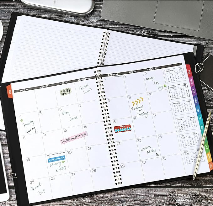 2026 Monthly Planner/Calendar - Jan 2026 - Dec 2026, Monthly Planner 2026, 12 Months, Faux Leather, 8.86" x 11.4", 15 Notes Pages, Strong Twin - Wire Binding, Tabs, Perfect Organizer - Black