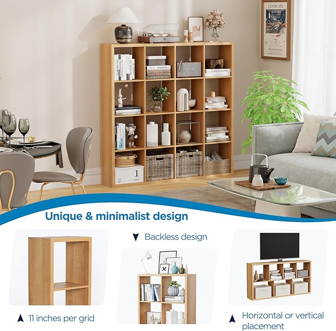 Jpiziso 16-Cube Storage Organizer Bookcase, Thick Frame Wood Grain Storage Shelf, Rectangular Cube Open Back Display Unit, 48.8x9.4x48.8 Inches for Living Room, Bedroom, Home Office, Natural Wood