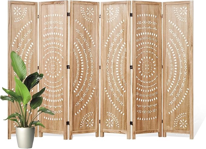 66.9Inch Folding Room Divider, 6 Panels Wood Carved Privacy Screens, Free Assembled Freestanding Partition for Home Office Restaurant Bedroom (Natural)