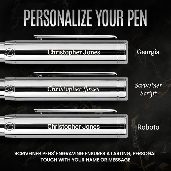 Scriveiner Personalized Silver Chrome Fountain Pen (Medium), Award Winning Luxury Pen, Heavy Pocket Pen, Chrome Finish, Best Engraved Fountain Pen Gift Set for Men & Women, Name Engraving
