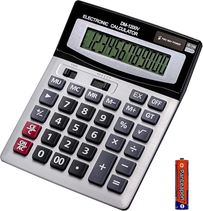 YEBMoo 12 Digit Desktop Calculator with Large LCD Display and Sensitive Button, Dual Solar Power and Battery, Standard Function for Office (YE1200v)