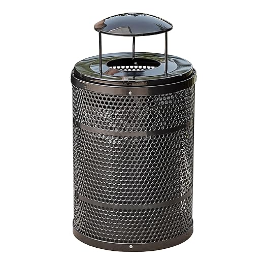 Zedfire 32 Gallon Perforated Waste Bin with Rain Bonnet Lid, Steel Outdoor Heavy-Duty Commercial Trash Can, Round Recycle Container, Durable Garbage Can for Parks, Municipalities, Parking, Schools