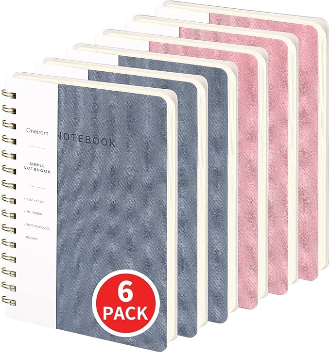 Spiral Notebook-5.75" x 8.125" College Ruled Journal with Inner Pockets and 160 Pages,PU Leather Cover Business Journal, Twin-Wire Binding Notebook Perfect for Office & Home School Supplies 6 pack Reefblue/Pink