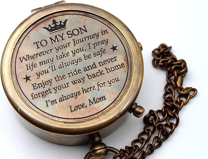 US HANDICRAFTS Brass Compass with Wooden Case | Engraved Compass from Mom to Son | Graduation Gift, Birthday, Inspirational Travel Keepsake