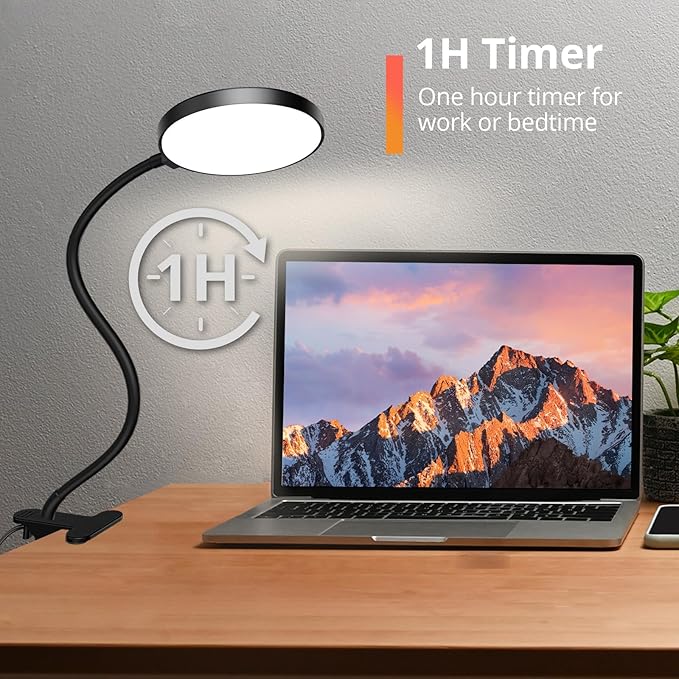 iFalarila Reading Light with Remote, LED Desk Lamp Clip on [1H Timer & Nightlight] RA>95 Dimmable Flexible Gooseneck, Reading Lamp with Clamp for Table - 4.7'' (Adapter Included)