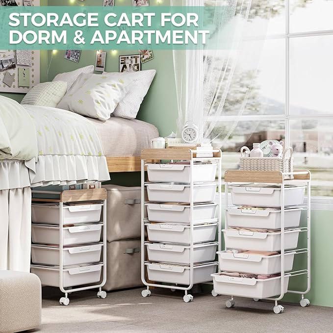 Rolling Storage Utility Cart With 4 Drawers,Kids Craft Art Cart,Makeup Organizer And Storage with Wooden Tabletop,White