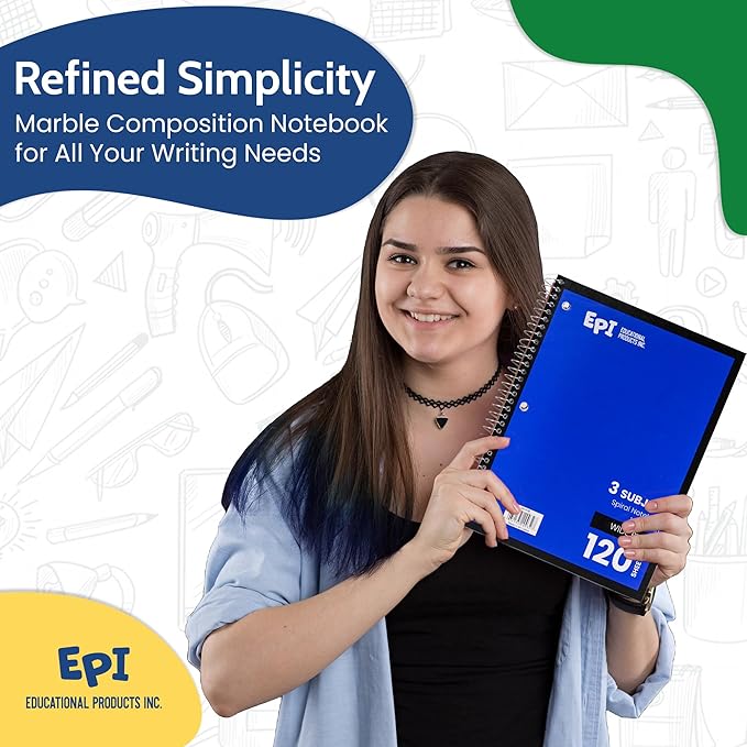 EPI Spiral Notebook | 3 Subject - Wide Ruled - 120 Sheets, Durable Spiral Binding | 10.5 x 8 in | Classroom Supplies | School, Office, Note Taking, Journaling - 24 Pack