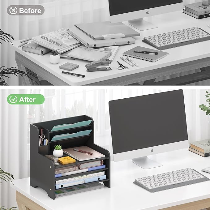 Wisuce Essentials Bamboo Desk Organizer Mail Holder Countertop Letter Tray File Desktop Mail Holder Countertop Organizer for Desktop Letter Sorter Paper File Storage for School Home Office Supplies