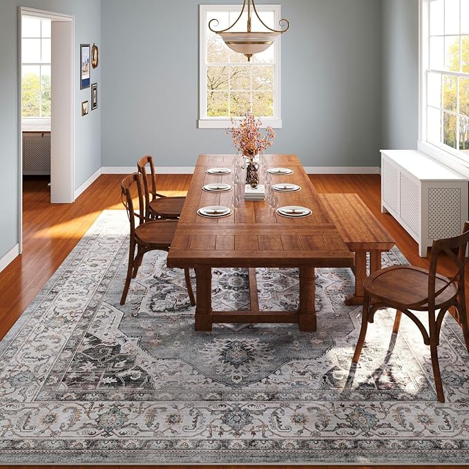 Rugcomf Vintage Medallion Living Room Rug 5'x7' - Machine Washable Area Rug, Non-Slip Low Pile Boho Carpet for Bedroom, Dining Room, Farmhouse, Office, Kids Playroom - Grey and White