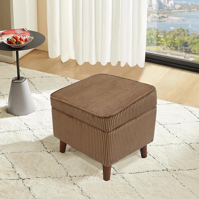 FAGAGA Storage Ottoman with Adjustable Lid, Soft Step Stool, Footrest and Seat, Ottoman Foot Rest for Living Room, Bedroom, Dorm, Brown