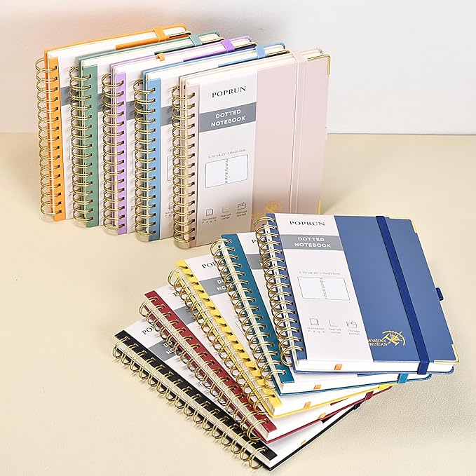 POPRUN Spiral Dotted Journal Notebook, [A5-5.75'' x 8.25''] - 120 GSM Thick Paper, 141 Numbered Pages, Hardcover for Men & Women with Pocket, Index Tabs, 8 Perforated Sheets, Red