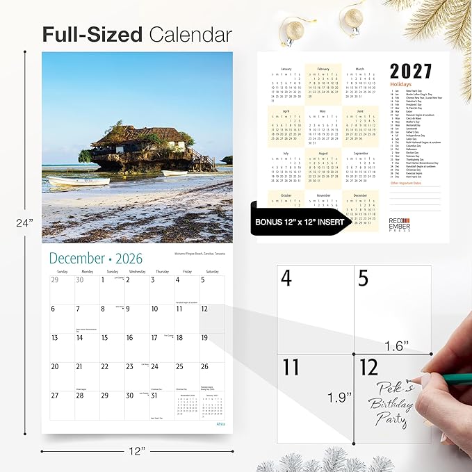RED EMBER Africa 2026 Wall Calendar 12 Month | 12" x 24" Open | Thick & Sturdy Paper | Holiday Gift | Travel Calendar 2026