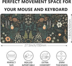 Dark Cottagecore Mouse Pad Floral Desk Pad,Botanical Mousepad, Vintage Desk Mat,Wildflower Mousepad with Stitched Edges Non-Slip Waterproof Rubber Base Mouse Mat for Office Work Home(27.5X11.8 in)