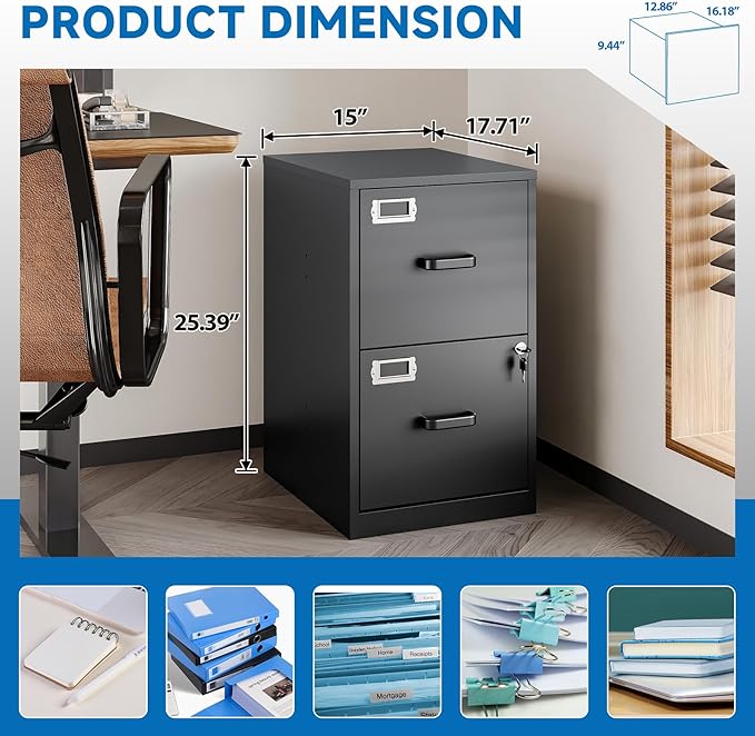 BYNSOE 2 Drawer File Cabinet with Lock Vertical Filing Storage Cabinet Office Home Steel Vertical File Cabinets for Letter Size File Cabinet Locked,Assembly Required