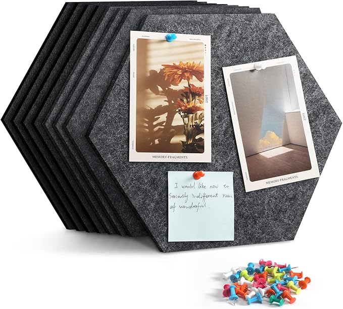 Uoisaiko 12" Large Bulletin Board with 30 Push Pins, Pack of 8 Hexagon Felt Pin Board Notice Boards for Home Office, Felt Wall Tiles for Photos Memos