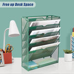 EASEPRES 6 Tier Desk File Organizer, Mesh Hanging Wall Mount Document Organization Stand, Desktop Vertical Mail Paper Folder Holder Rack with Bottom Tray for Office Cubicle, Sides Closed, Dark Green