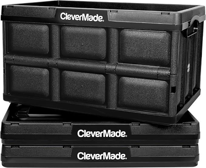 CleverMade Collapsible Storage Bins - Obsidian 3 Pack 46L - Stackable Containers Heavy Duty Capacity Folding Crates - Space-Saving for Home