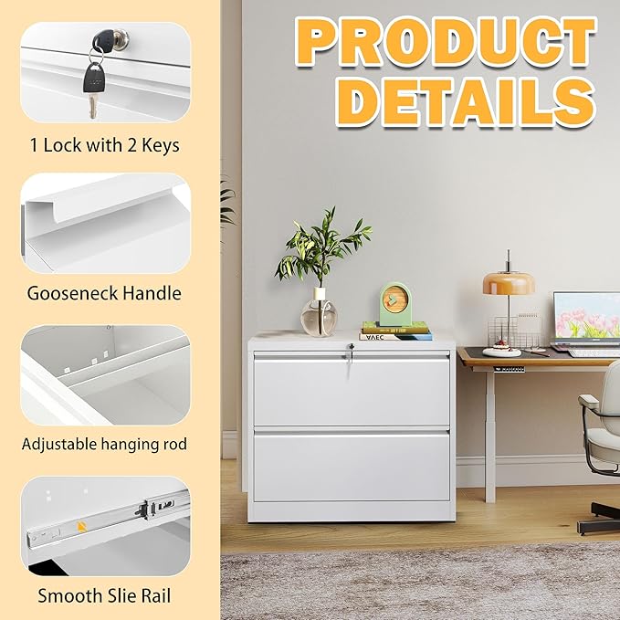 mysteeldepot 2 Drawer Lateral File Cabinet with Lock, Metal Lateral Filing Cabinets for Home Office, File Cabinet, File Storage Cabinet for Legal/Letter/A4 Documents, Assembly Required, White, 26'W