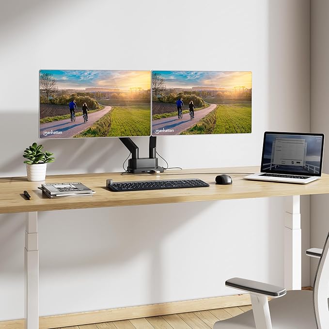 Manhattan Aluminium Desk Mount with Gas Lift for Dual Monitors & 8-in-1 Docking Station, for Monitors from 17" to 32" and up to 9 kg per arm, Black, 461887