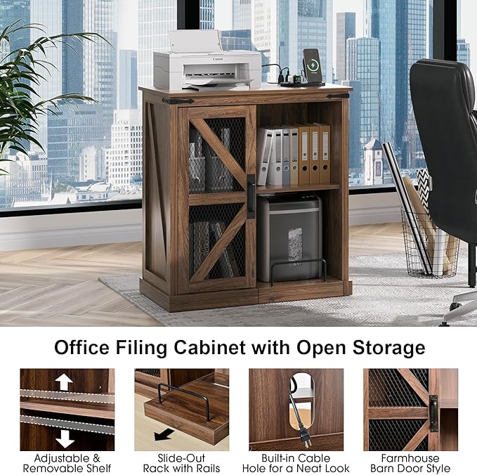 JOINICE,Printer Stand with Storage,File Cabinet with Socket and USB Charging Port,Farmhouse Paper Shredder Stand Rack with Slide-Out Shelf,Walnut