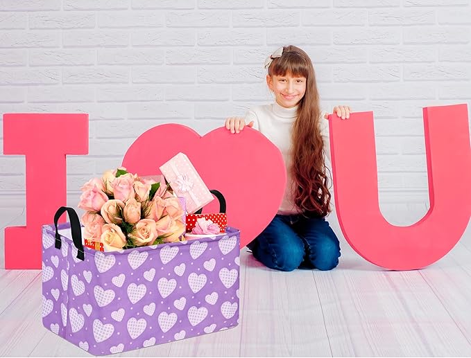 FUULOXE Rectangular Valentines Basket Storage Bin for Shelves Girls Gifts Baskets Foldable Box with Handles for Home Office Car Dormroom Valentine's Day Party Supplies