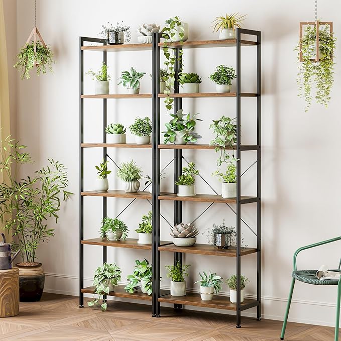 Casaottima Book Shelf Set of 2, 6 Tier Tall Bookshelf, Modern Wood Bookcase Shelves for Bedroom, Industrial Display Shelf for Living Room Home Office, Standing Shelving Unit Storage Organizer, Vintage