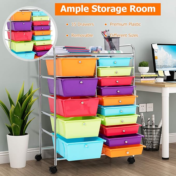 HAPPYGRILL 15-Drawer Rolling Cart, Storage Carts with Removable Drawers & Steel Frame, Utility Cart on Lockable Wheels for Home, School, Office,Multicolorful