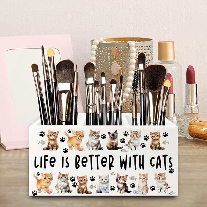 QZQE Cat Pen Pencil Holder Organizer for Desk, Cat Lovers Mom Lady Gifts for Women, Life Is Better with Cats Wooden Box Signs Decorations for Home Office Desk Tabletop, Gifts for Pet Lovers