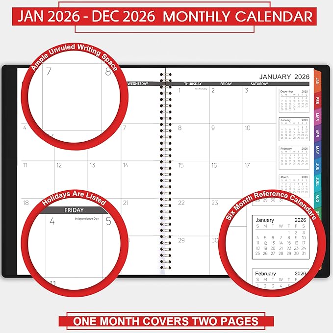 2026 Monthly Planner/Calendar - Jan 2026 - Dec 2026, Monthly Planner 2026, 12 Months, Faux Leather, 8.86" x 11.4", 15 Notes Pages, Strong Twin - Wire Binding, Tabs, Perfect Organizer - Black