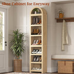 UPOSOJA 76" Tall Narrow Arched Bookcase,7-Teir Mid-Century Modern Bookshelf,Adjustable Shelves offering More Storage Space for Living Room,Kitchen,Home Office,Oak