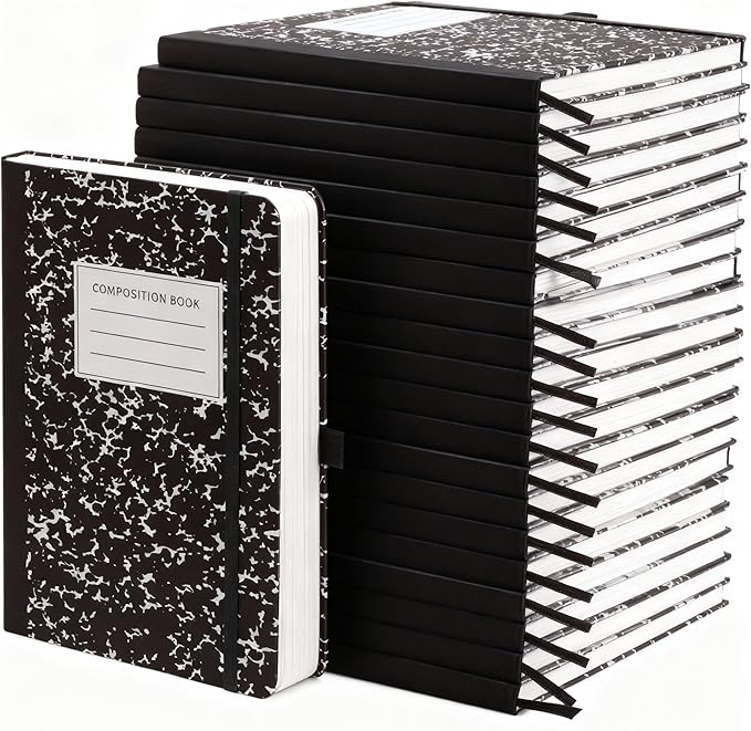 Laumoi 28 Pack PU Leather Lined Notebook Journal Bulk A5 Hardcover Notebook College Ruled 5.5 x 8.2 Inch Journal with Pen Holder for School Business Work Writing(Black,Marble)