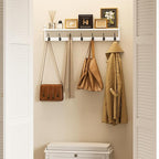 BAMEOS 35" L Wall Hooks with Shelf, Entryway Coat Hooks, Wood Wall Hanging Shelf, Wall-Mounted Coat Rack with 7 Dual Metal Hooks for Bathroom, Kitchen, Living Room, Bedroom (White)