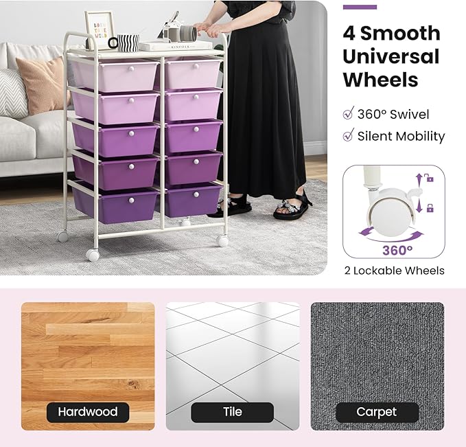 GLACER 10 Drawer Rolling Cart, Storage Cart with Lockable Whieels & Metal Frame, Trolley for Art Craft Oganizer, Mobile Utility Cart for Office, School, Classroom, Kitchen (Purple Gradient)