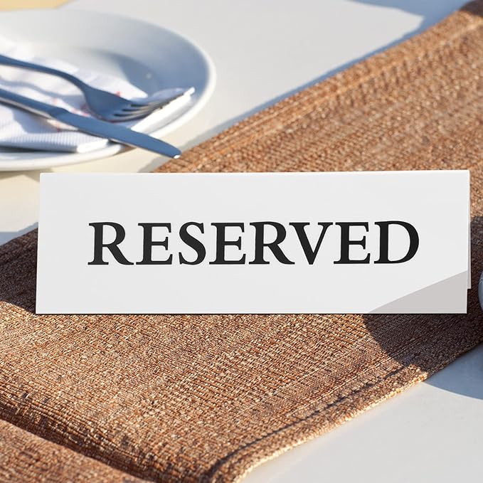 6 Pieces Plastic Reserved Table Sign Table Tent Wedding Guest Reservation Seat Sign for Restaurant Wedding Chairs(7.9 x 2.7 Inches,Black Words White Background)