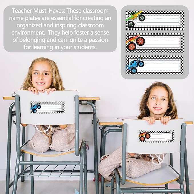 30 Name Tags for Classroom Cubbies, 3x9 in Trucks Name Plates for Desks, Classroom Must Haves for Teachers Elementary - A09