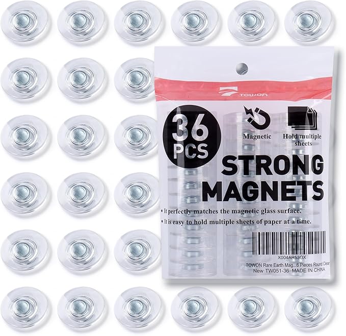 TOWON Rare Earth Magnets Large, Strong Magnets for Glass Whiteboard and Dry Erase Board, 36 Pieces Round Clear