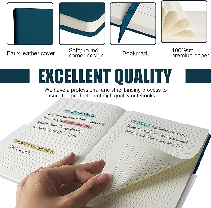 EMOMAS Lined Journal Notebook, 10Pack Hardcover Notebook for Men & Women – Journals for Writing, Work, School, Home & Daily Notes, 160 Pages – Medium A5, 5.7"x8", 100 gsm Thick Paper (Turquoise)