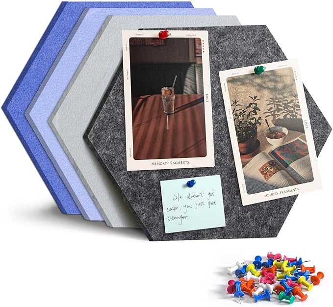 Uoisaiko 12" Large Bulletin Board with 15 Push Pins, Pack of 4 Hexagon Felt Pin Board Notice Boards for Home Office, Felt Wall Tiles for Photos Memos (Blue Grey)